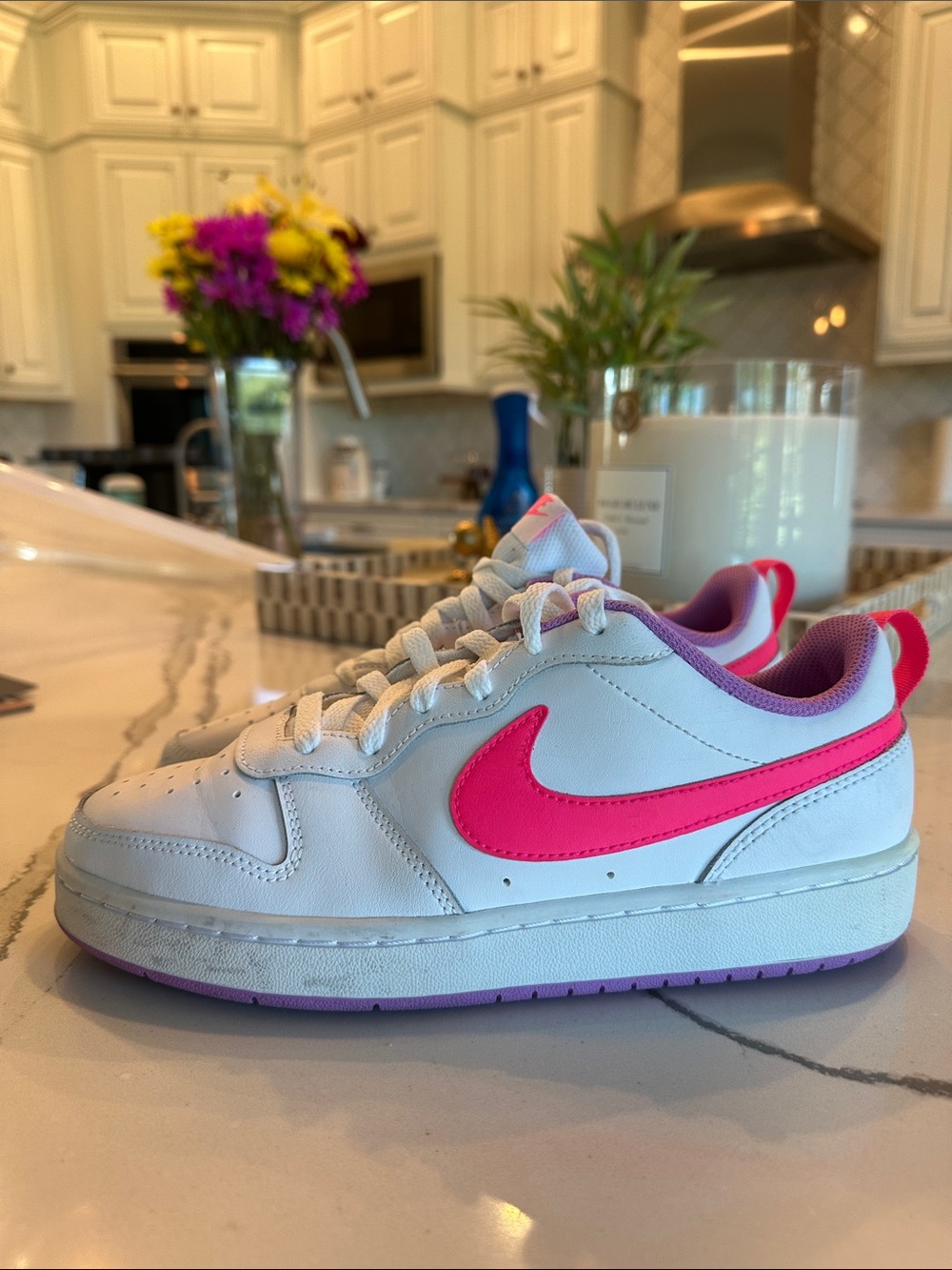 Nike Kids White Sneakers with Bright Pink Swoosh